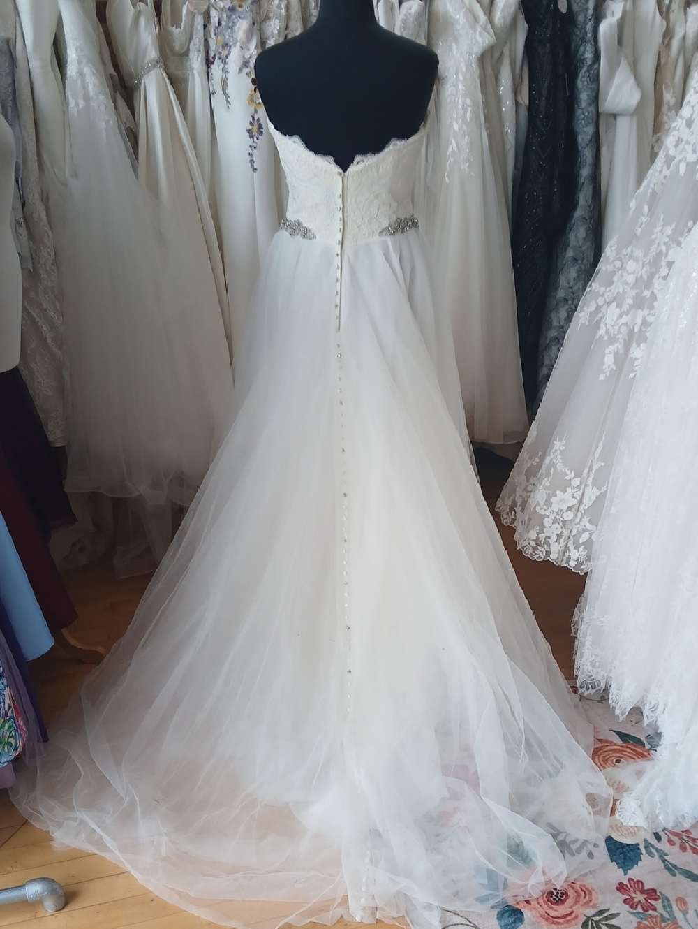 Strapless Lace Bodice Tulle Ballgown Wedding Dress with Beaded Waist - Picture 4 of 7